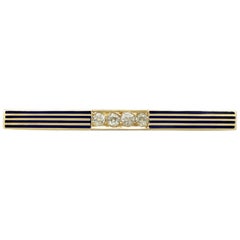 Antique 1930s Diamond and Blue Enamel Yellow Gold Bar Brooch