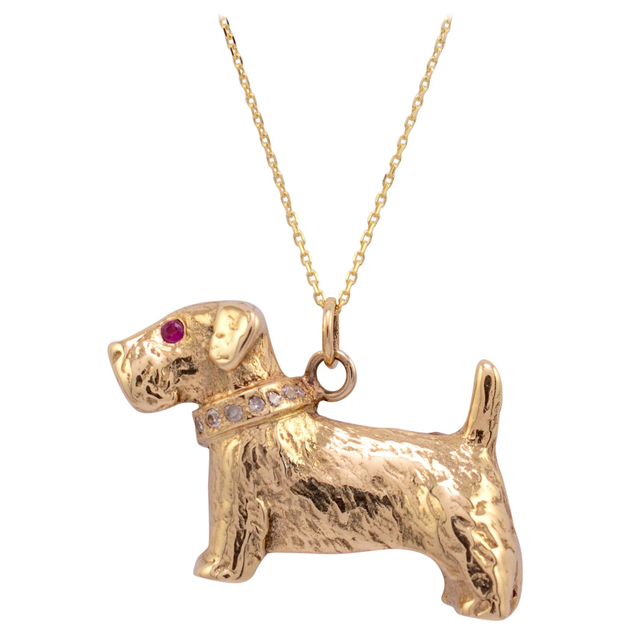 Ruby Diamond Dog Pendant Necklace 9 Karat Yellow Gold