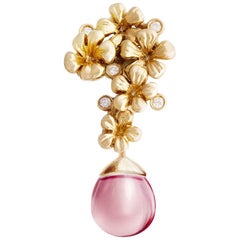 Fourteen Karat Yellow Gold Plum Blossom Brooch with Diamonds and Rose Quartz