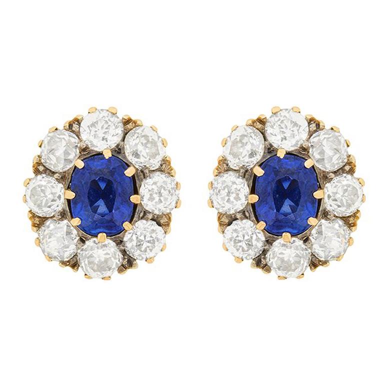 Edwardian Sapphire and Diamond Cluster Earrings, circa 1910