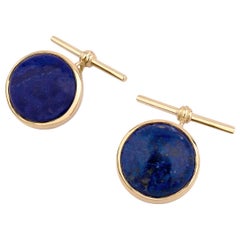 Boutons de manchette en or jaune 18 carats avec chaîne en lapis-lazuli