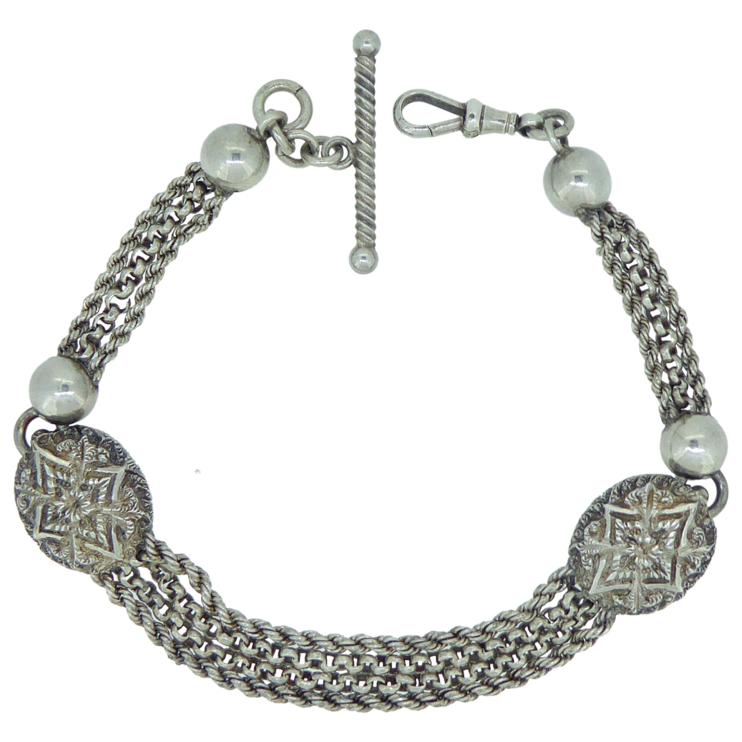 Antique Victorian Silver Bracelet Large Chased Oval Links, Toggle Bar and Swivel