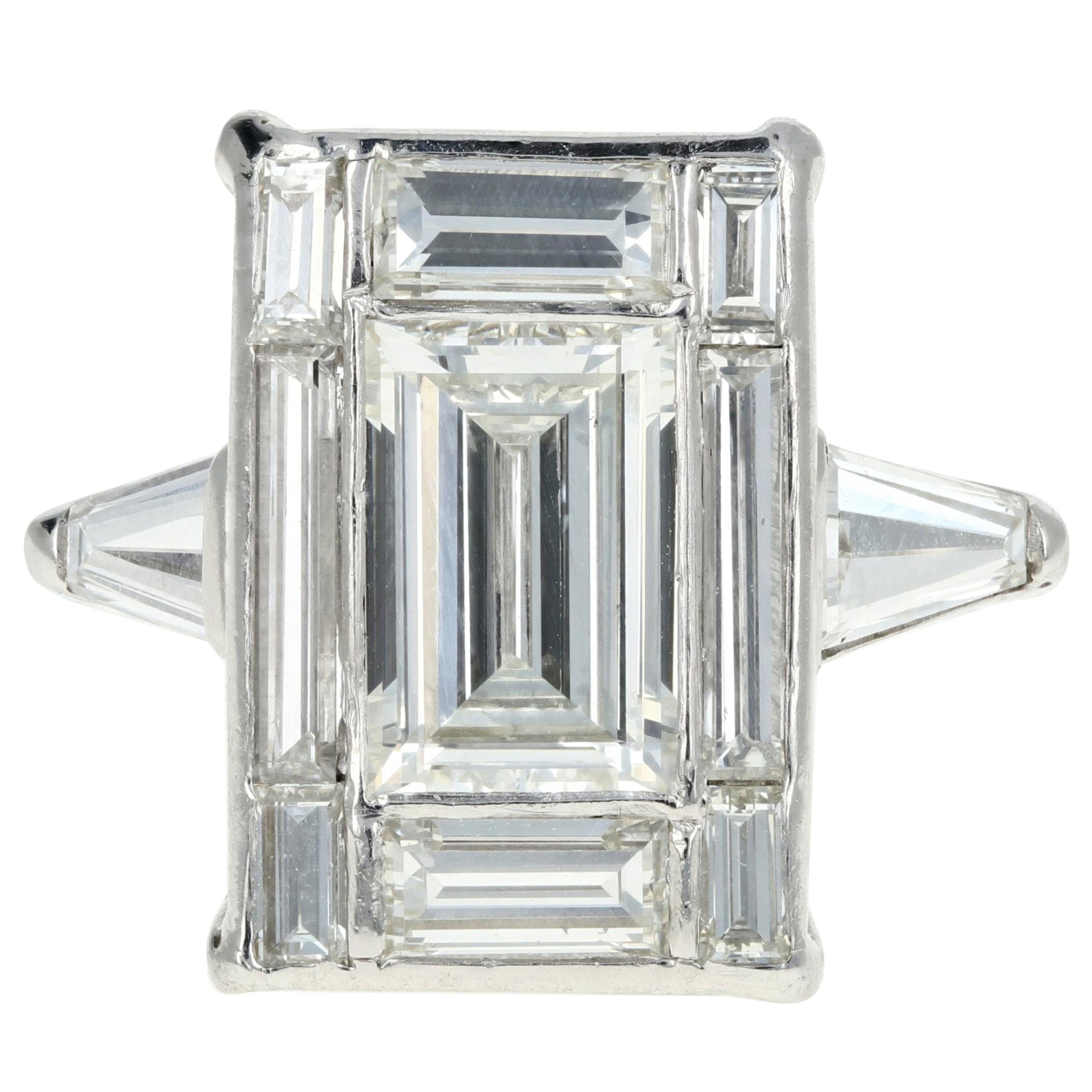 Platinum 1.7 Carat Center Baguette Diamond 3.45 Carats Total Engagement Ring