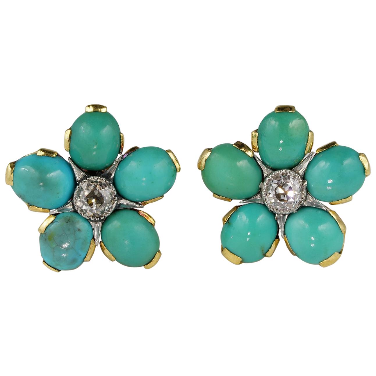 Genuine Persian Turquoise .80 Carat Diamond Rare Floret Stud Earrings For Sale