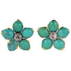 Antique Genuine Persian Turquoise .80 Carat Diamond Rare Floret Stud Earrings