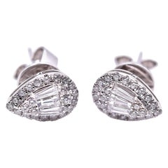 18 Karat White Gold Baguette Pear Shaped Stud Earrings with Halo