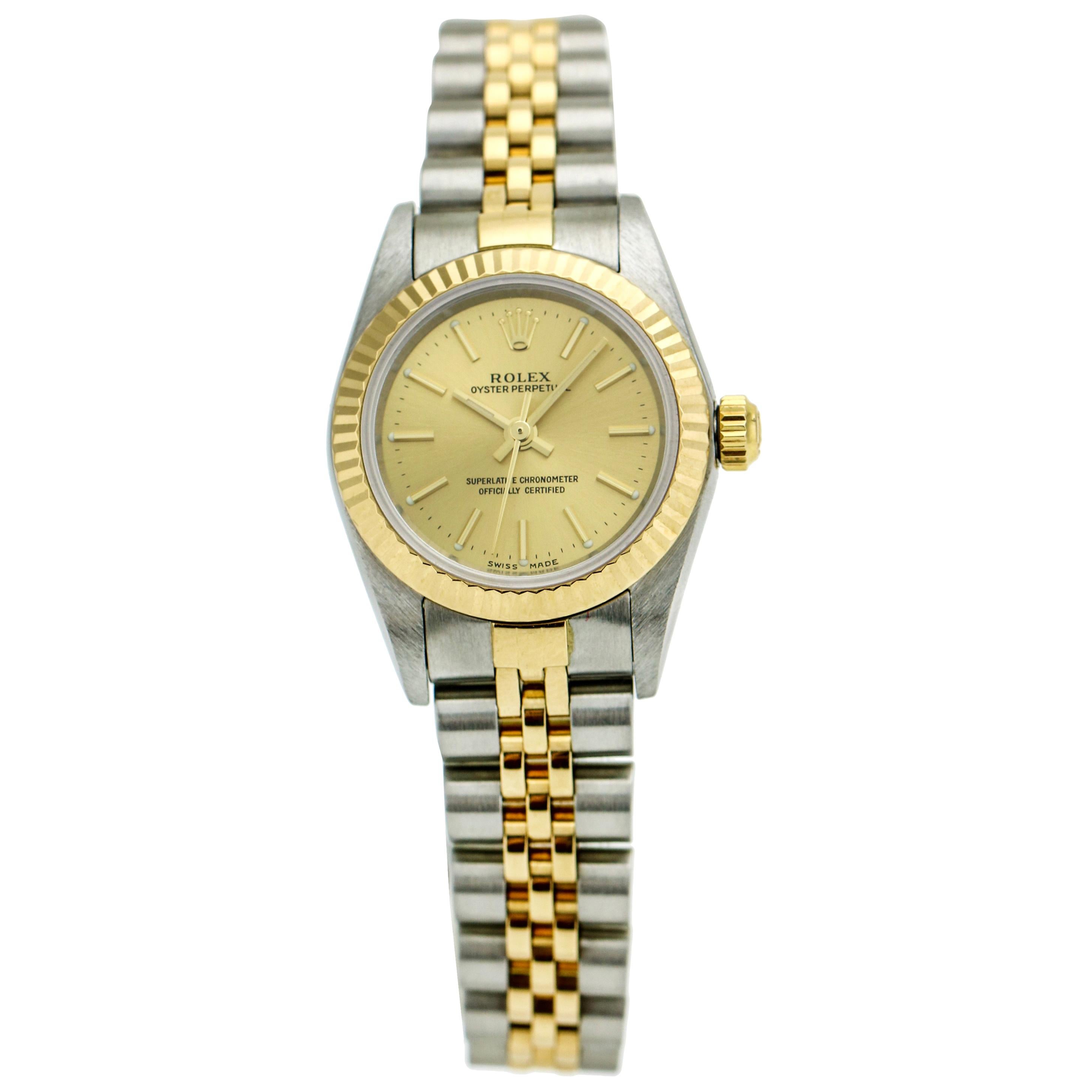 Rolex Lady Oyster Perpetual 76193 18 Karat Gold Stainless Steel Automatic Watch For Sale