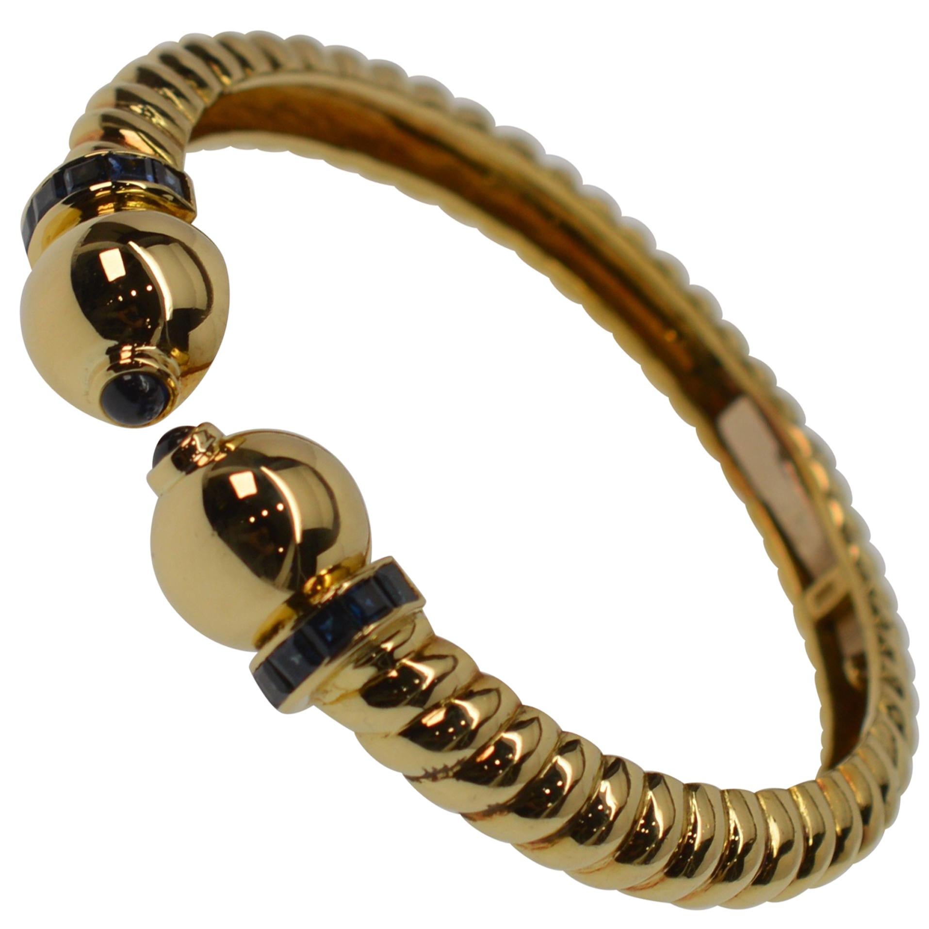 18K Yellow Gold & Sapphire Hinged Cuff Bracelet