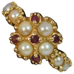 Vintage Victorian Design 14 Carat Gold Pearl and Ruby Cluster Ring