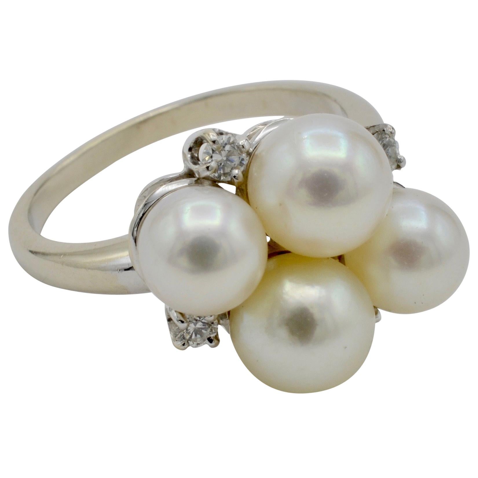 Cultured Pearls Diamonds 14 Karat Gold Ring