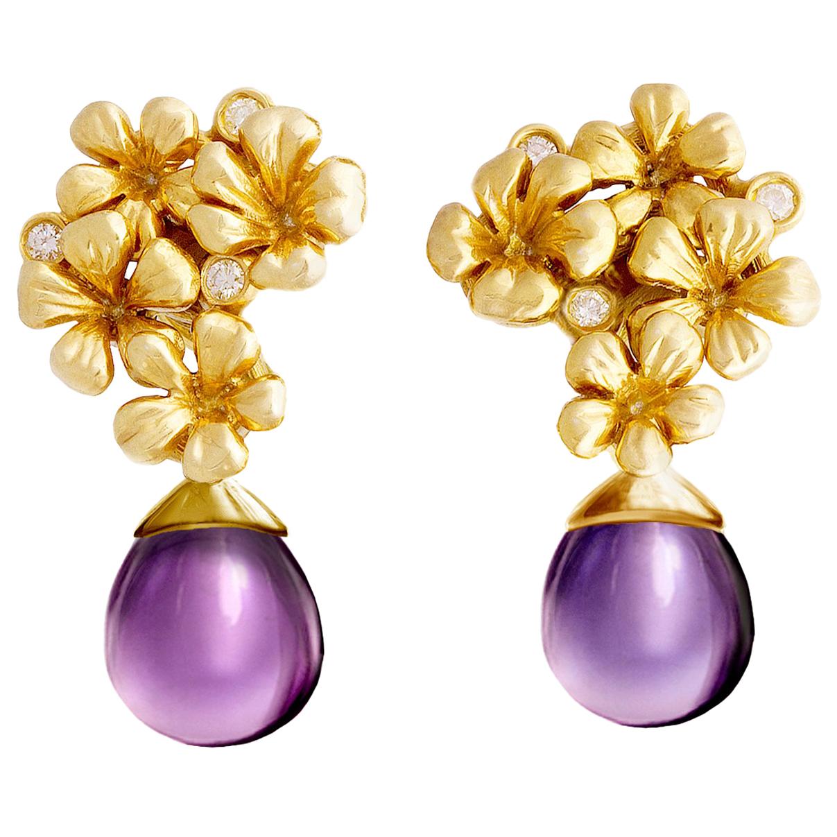 18 Karat Gold Plum Flowers Contemporary Earrings with Diamonds and Amethyst