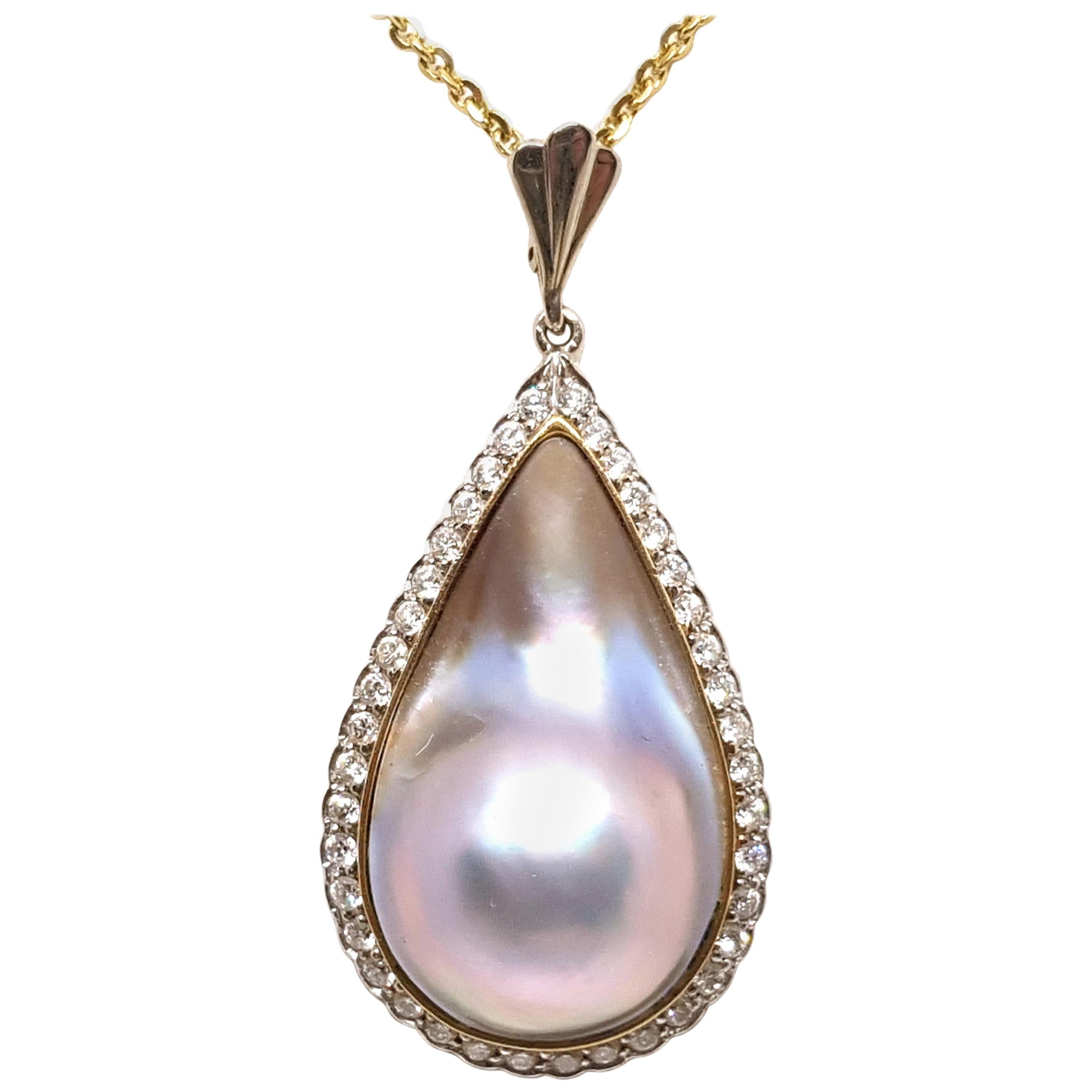 Antique Vintage Yellow White Gold Diamond Pearl Necklace Pendant For Sale