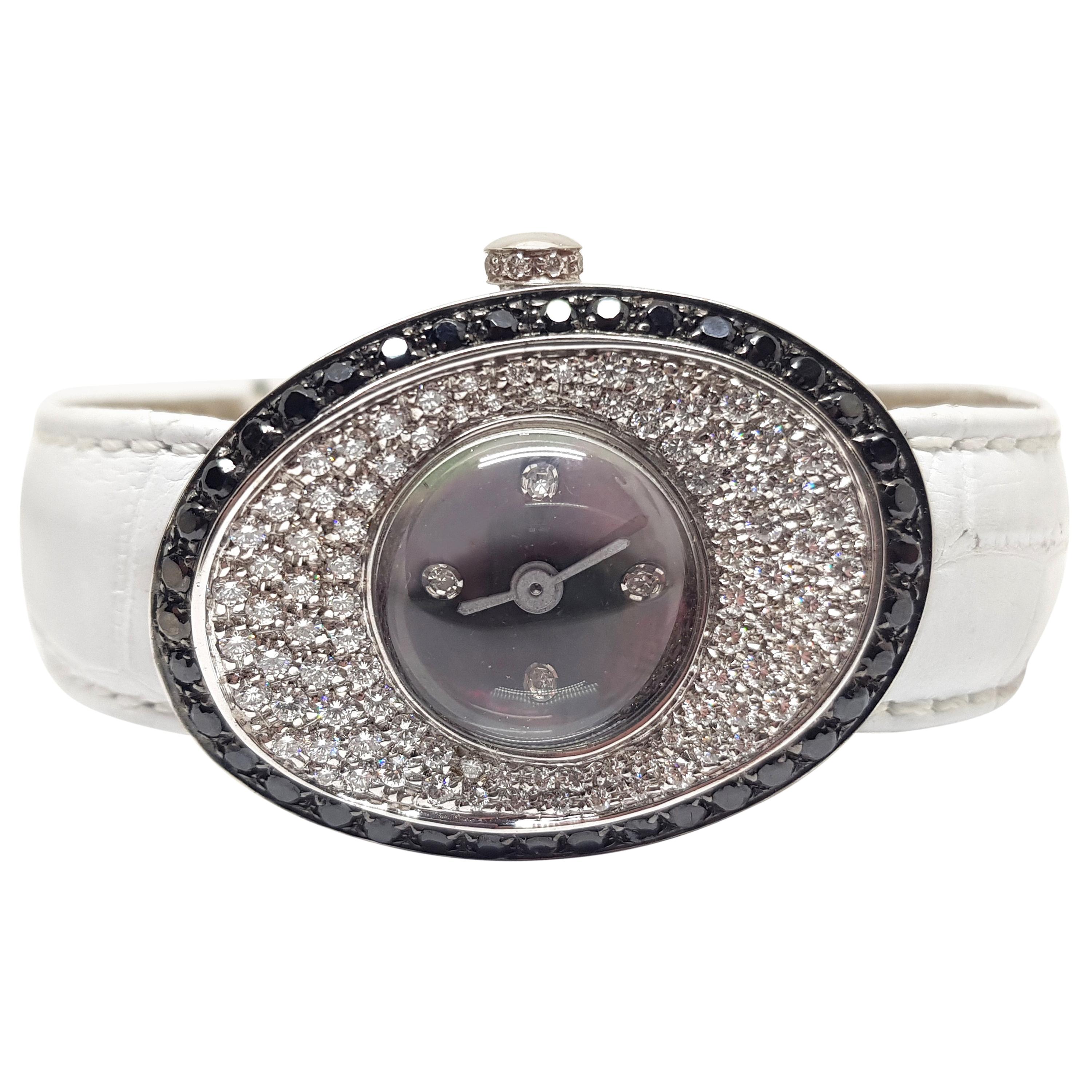 4.80 Carat 18 Karat White Gold Black Diamond Watch For Sale