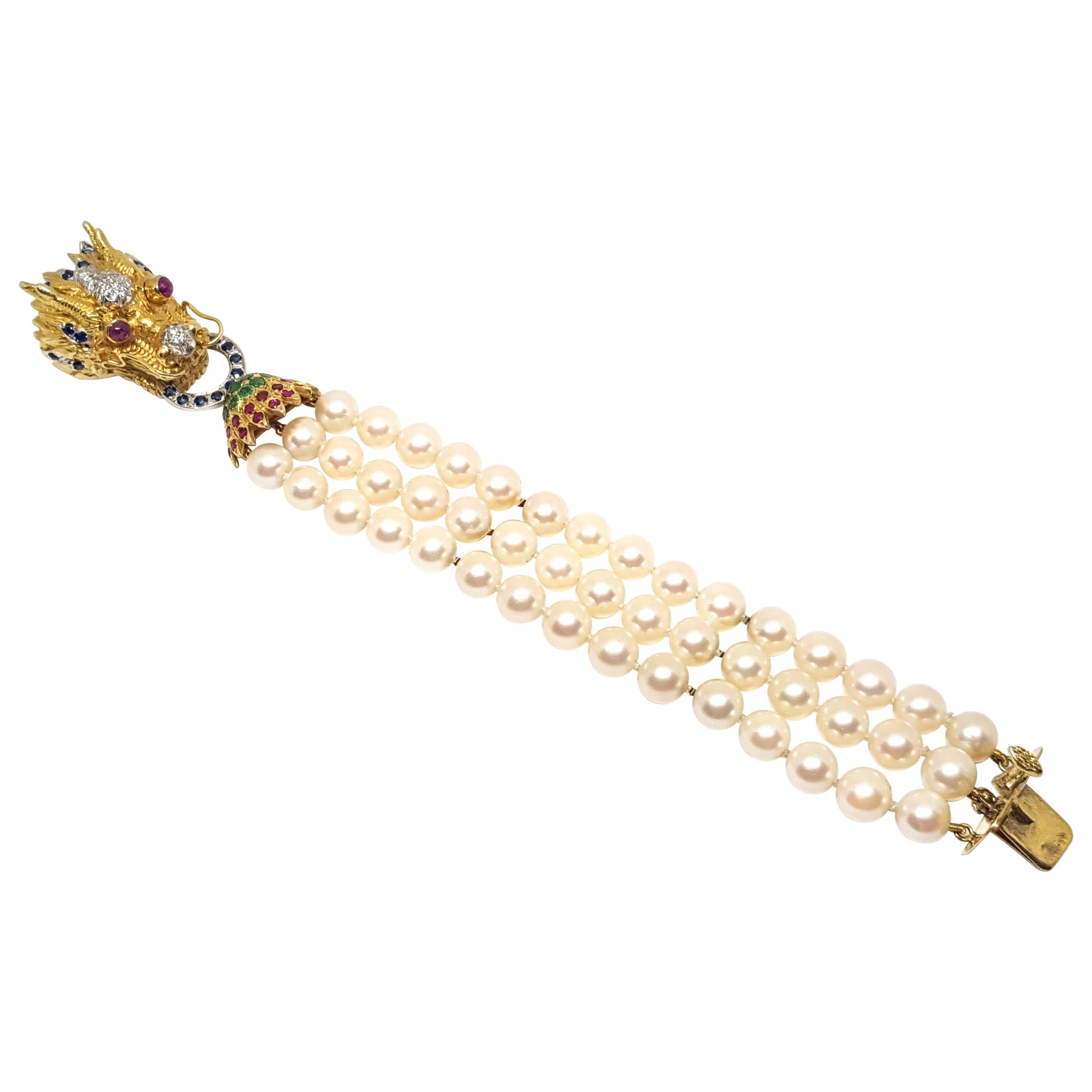 Gold Ruby Sapphire Emerald Diamond Akoya Pearl Asian Chinese Dragon Necklace For Sale