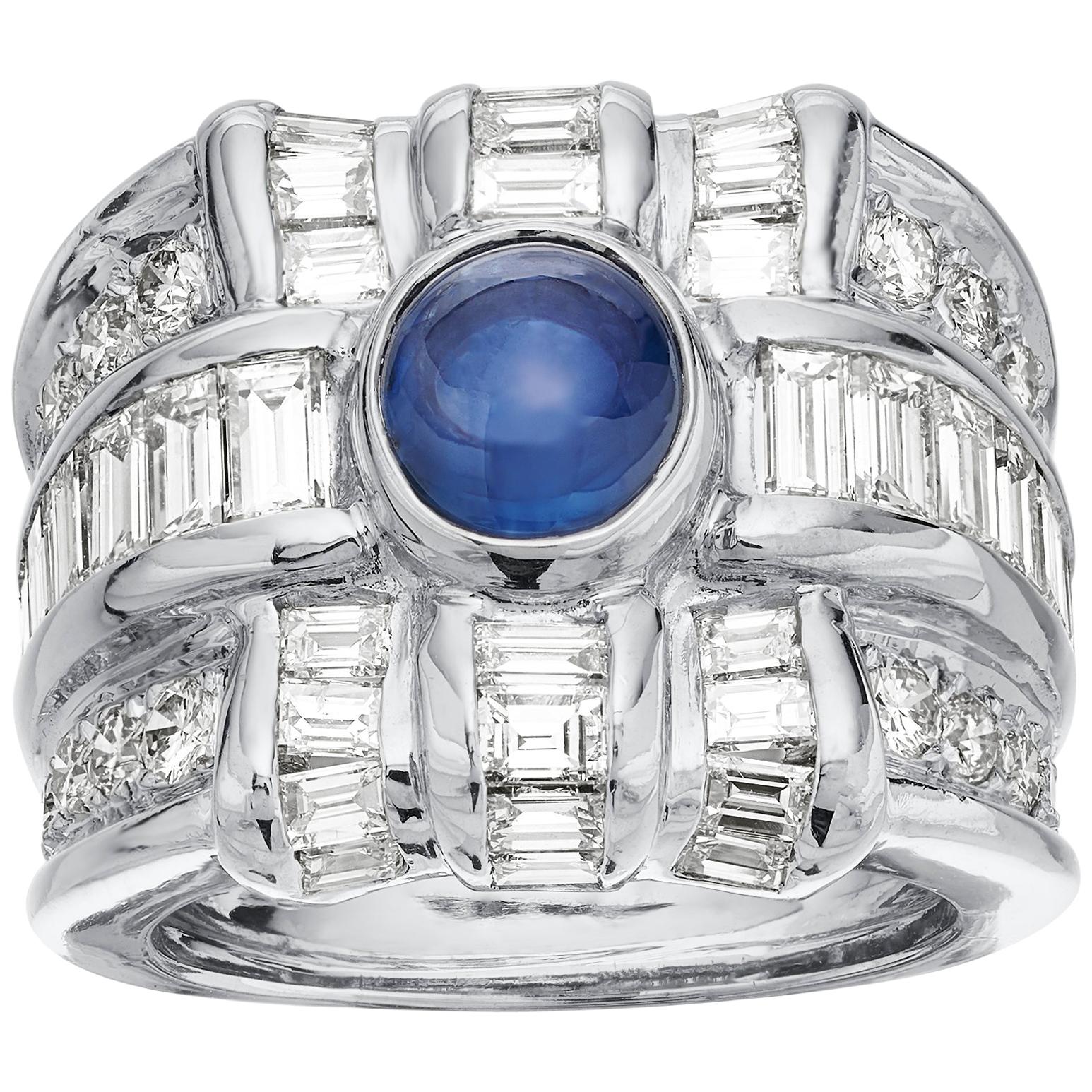 Diamond & Sapphire 18K White Gold Ring - A Dramatic Statement Piece For Sale