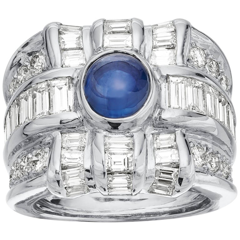 Diamond & sapphire ring in 18K white gold, 3 Row wide band chunky statement ring For Sale