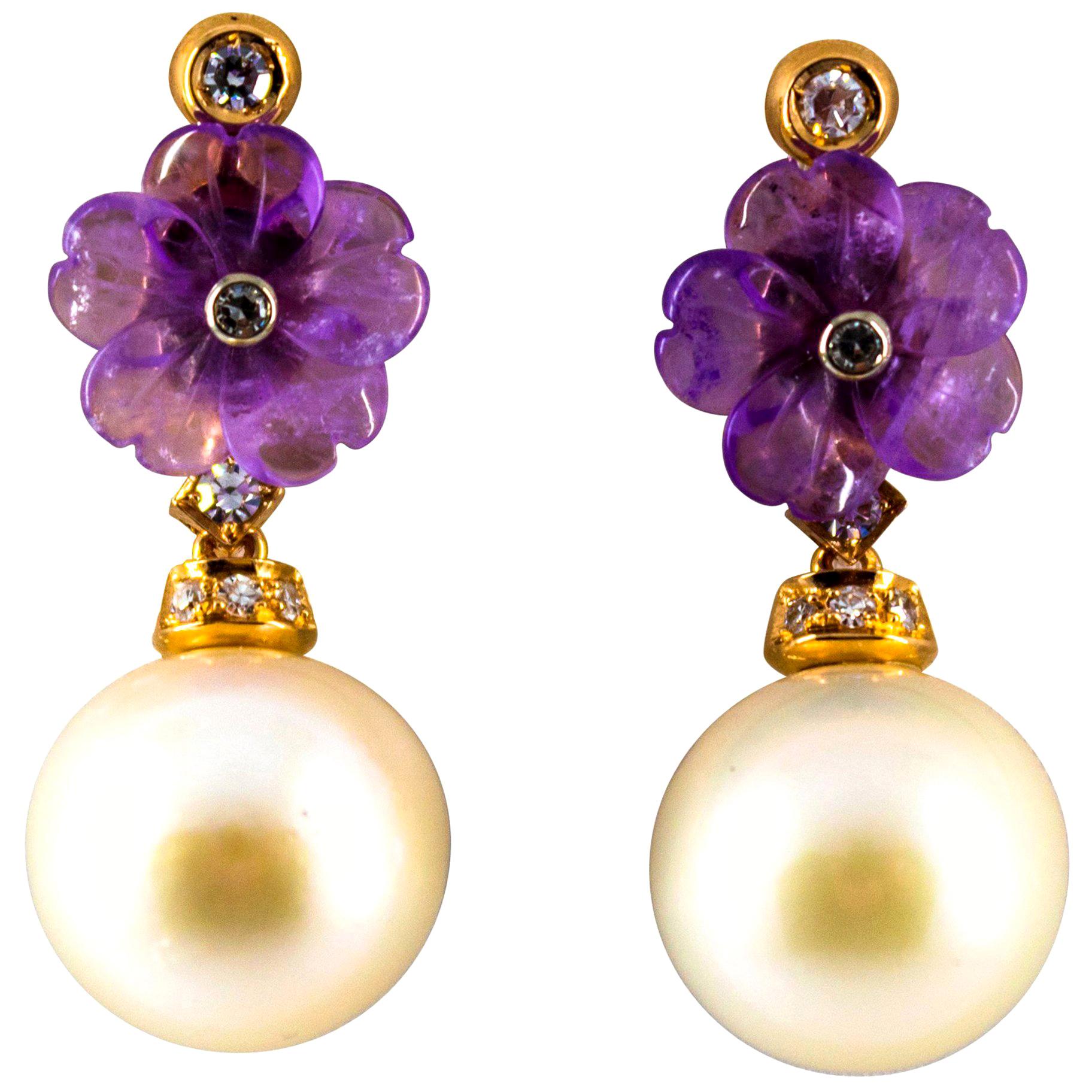 Art Nouveau 0.20 Carat White Diamond Amethyst Pearl Yellow Gold Drop Earrings