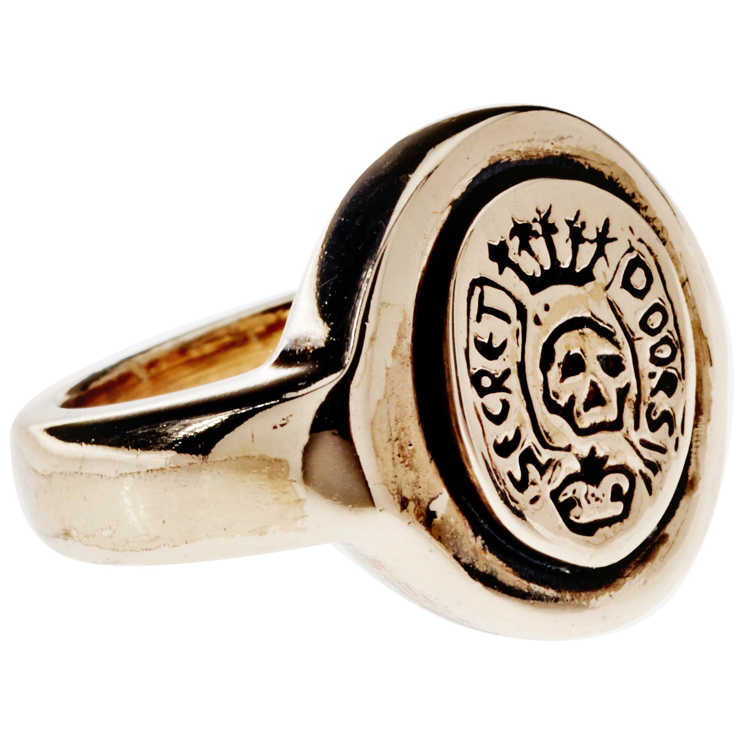 Gold Crest Signet Ring Skull Victorian Memento Mori Style J Dauphin For Sale