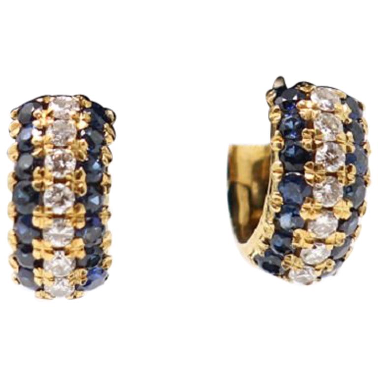 1.50 Carat Blue Sapphire and 0.60 Carat Diamonds Yellow Gold Hoop Earrings For Sale