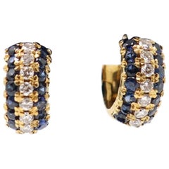 1.50 Carat Blue Sapphire and 0.60 Carat Diamonds Yellow Gold Hoop Earrings