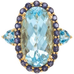 Estate Blue Topaz Iolite Ring Cocktail 14 Karat Yellow Gold Large Oval Jewelry