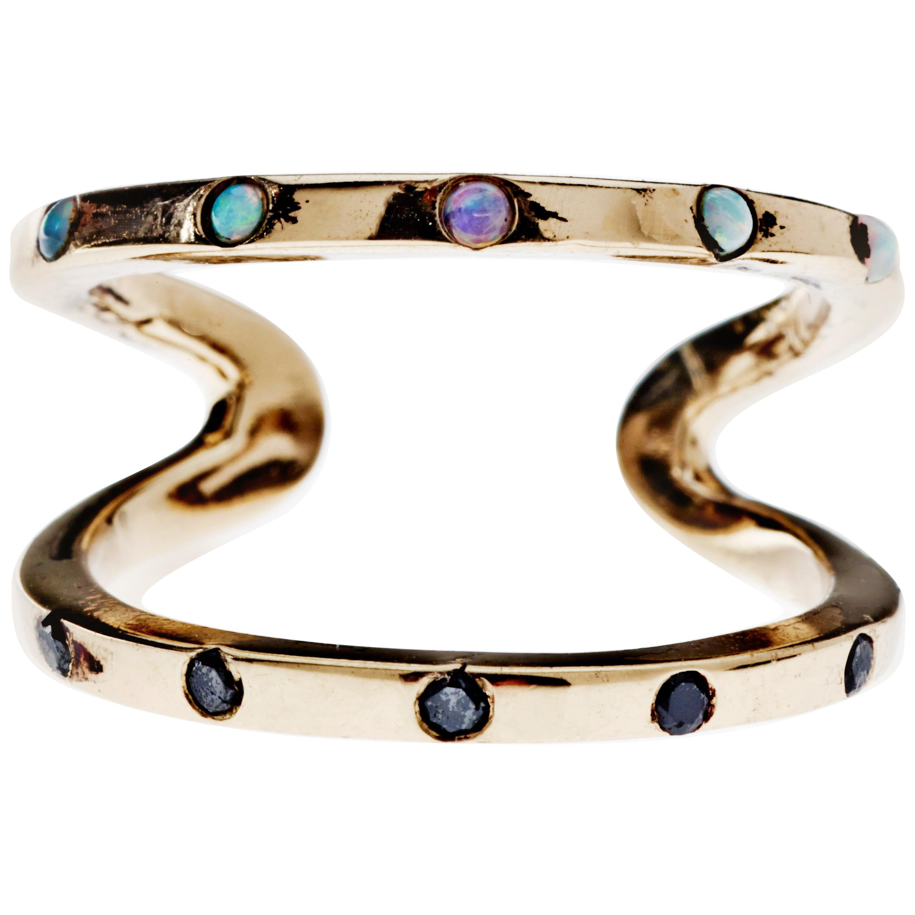 Double Band Ring Gold Black Diamond Opal Cocktail Ring J Dauphin For Sale