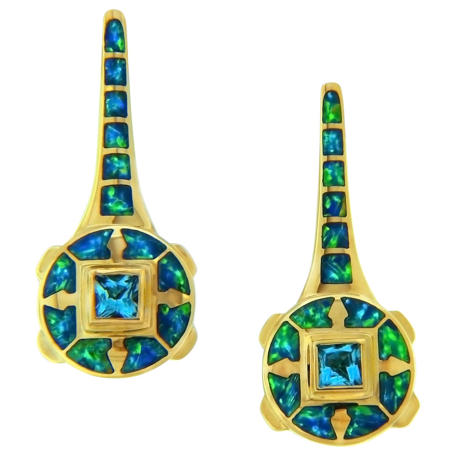 1.00 Carat Blue Topaz and Australian Opal Inlay "Ether" Earrings For Sale