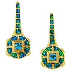 1.00 Carat Blue Topaz and Australian Opal Inlay "Ether" Earrings