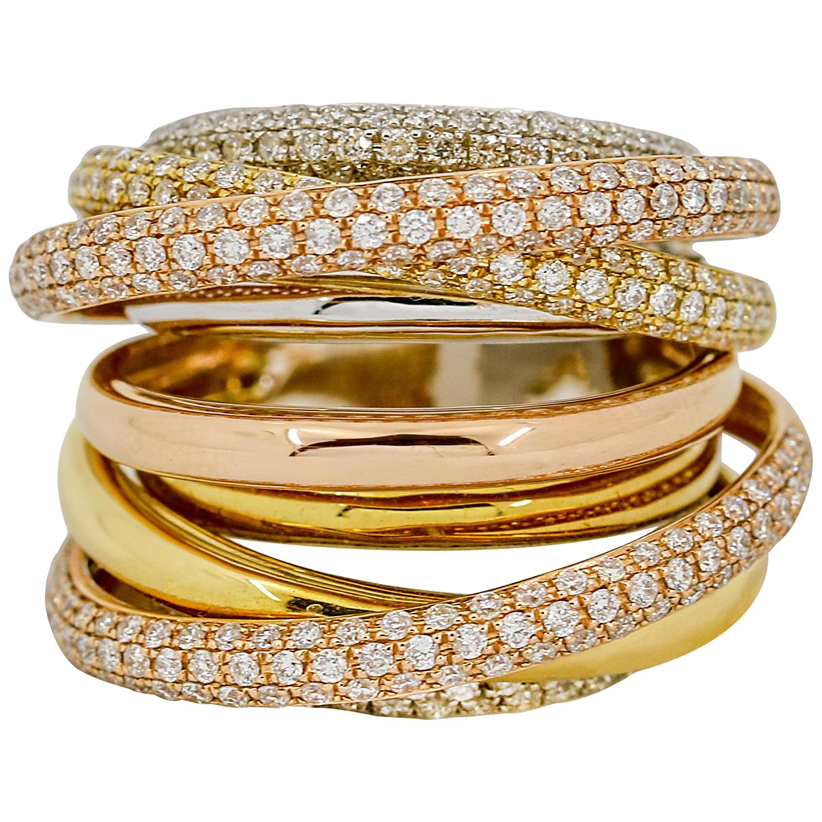 2.43 Carat 18 Karat Tri-Gold Diamond 9-Band Crossover Fashion Ring For Sale