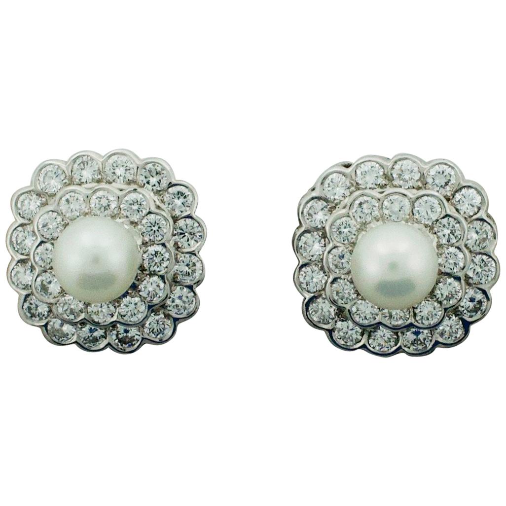 Diamond and Pearl Earrings in Platinum, circa 1950s