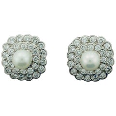 Diamond and Pearl Earrings in Platinum, circa 1950s