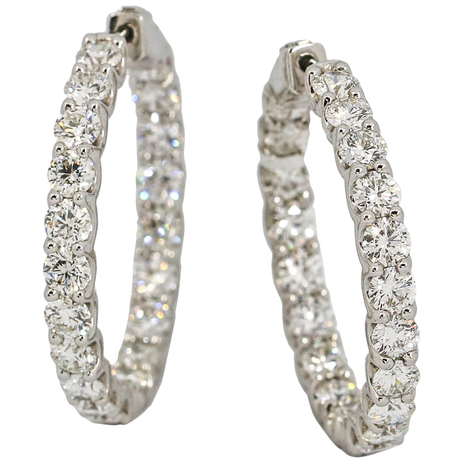 9.82 Carat 18 Karat White Gold Diamond Hoop Earrings For Sale