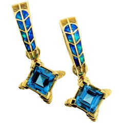 6.00 Carat Blue Topaz and Australian Opal Inlay "Hawk Feather" Earrings