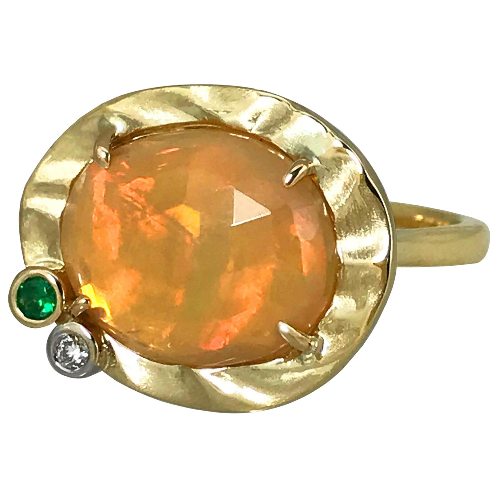 Orange Opal with Green Garnet and Diamond Accents 14 Karat Gold Cocktail Ring