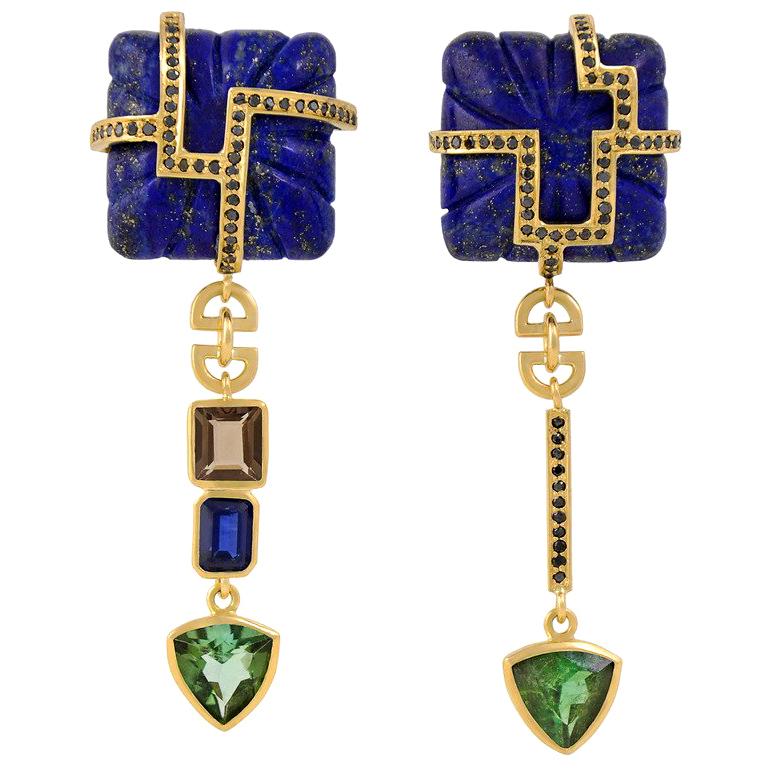 18ct Yellow Gold, Lapis, Tourmaline, Sapphire, Quartz and Black Diamond Earrings For Sale