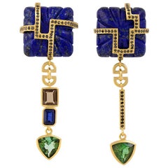 18ct Yellow Gold, Lapis, Tourmaline, Sapphire, Quartz and Black Diamond Earrings