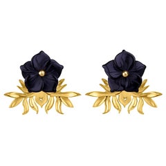 18ct Yellow Gold Vermeil and Hand Carved Onyx Flower Earrings