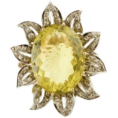 37.58 ct Lemon Citrine, 2.23 ct Diamonds, Rose Gold Silver Flower Fashion Ring 