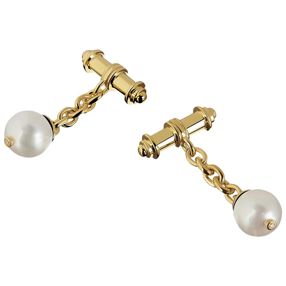 TPL 18 Carat Yellow Gold Vermeil Diamond and Pearl Chain Cufflinks For Sale