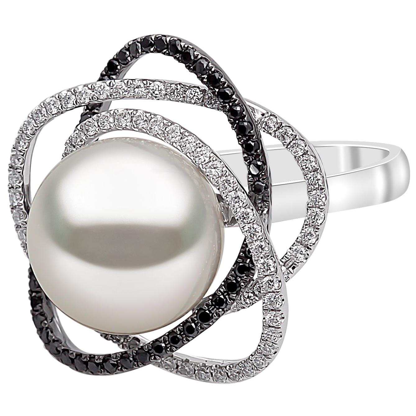 Yoko London South Sea Pearl Ring with Black and White Diamonds, in 18 Karat Gold