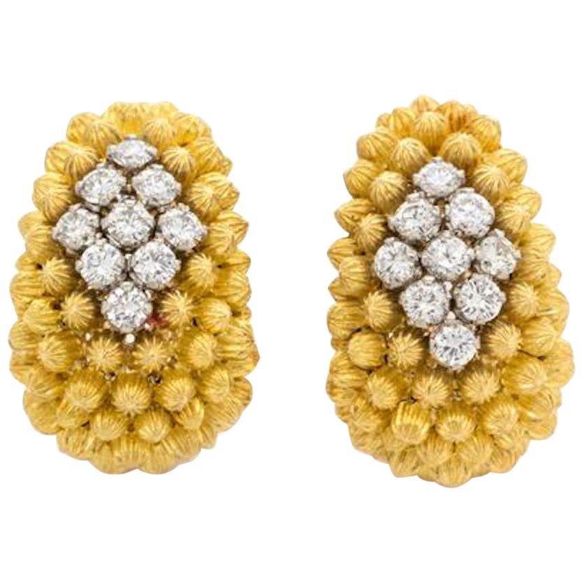 Italian 18 Karat Yellow Gold Diamond Clip-On Earrings