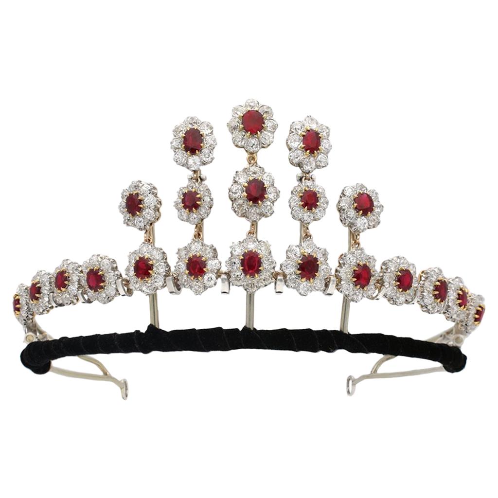 Collar de rubíes y diamantes birmanos Sangre de paloma/Tiara, circa 1915