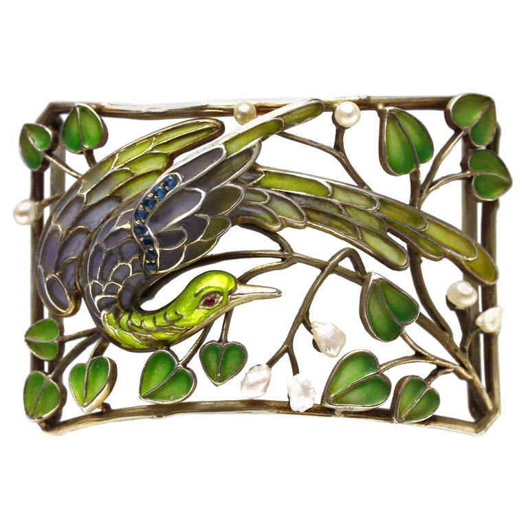 Art Nouveau Enamel Pearl Plaque de Cou Bird Levinger and Bissinger Necklace