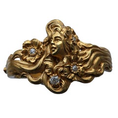 Plisson et Hartz Art Nouveau Diamond Gold Woman Flower Sculpture Scarf Ring