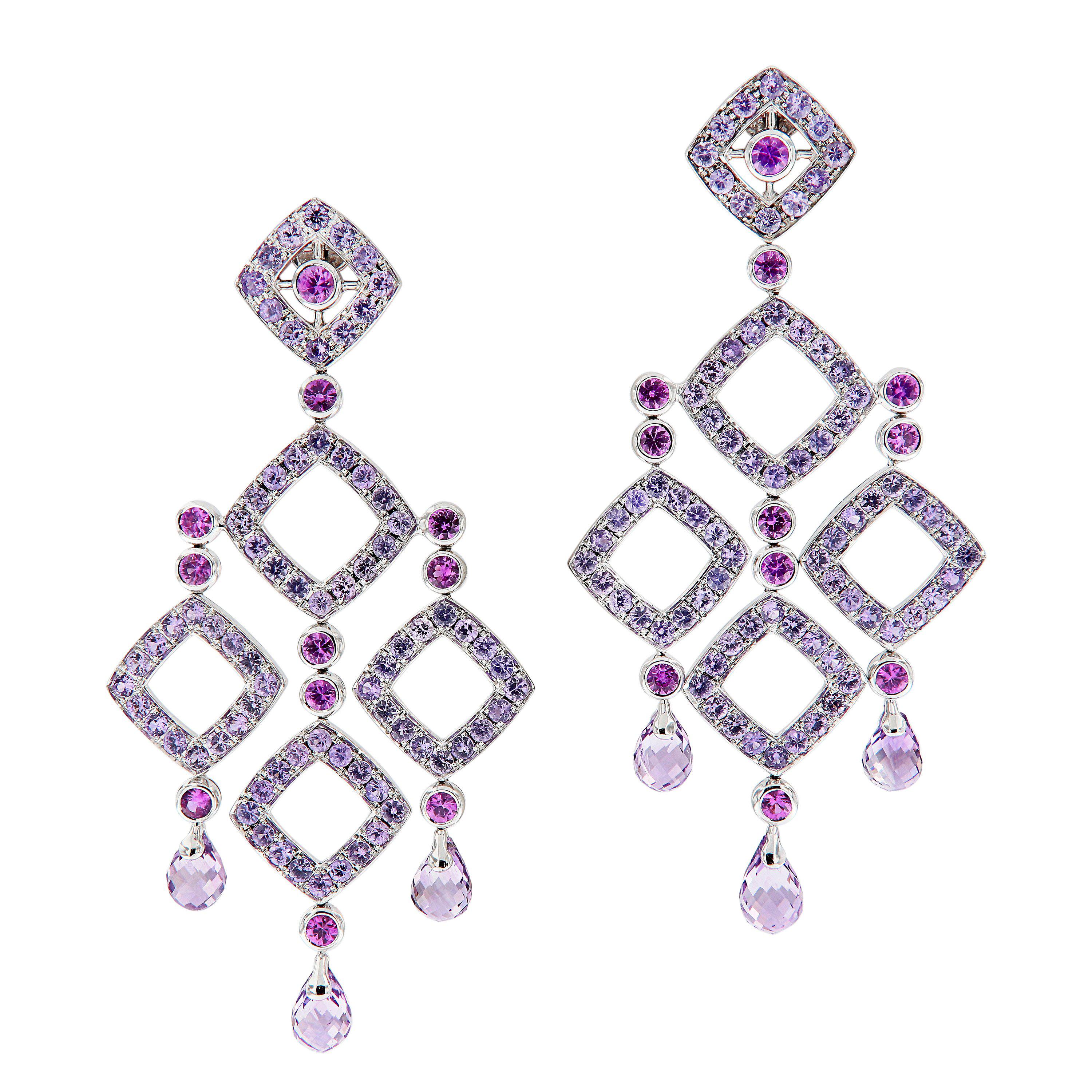 Amethyst, Pink & Violet Sapphire 18 Karat White Gold Chandelier Earrings