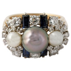 Vintage 18 Karat Yellow Gold Diamond Sapphire Pearl Gem Set Cocktail Ring
