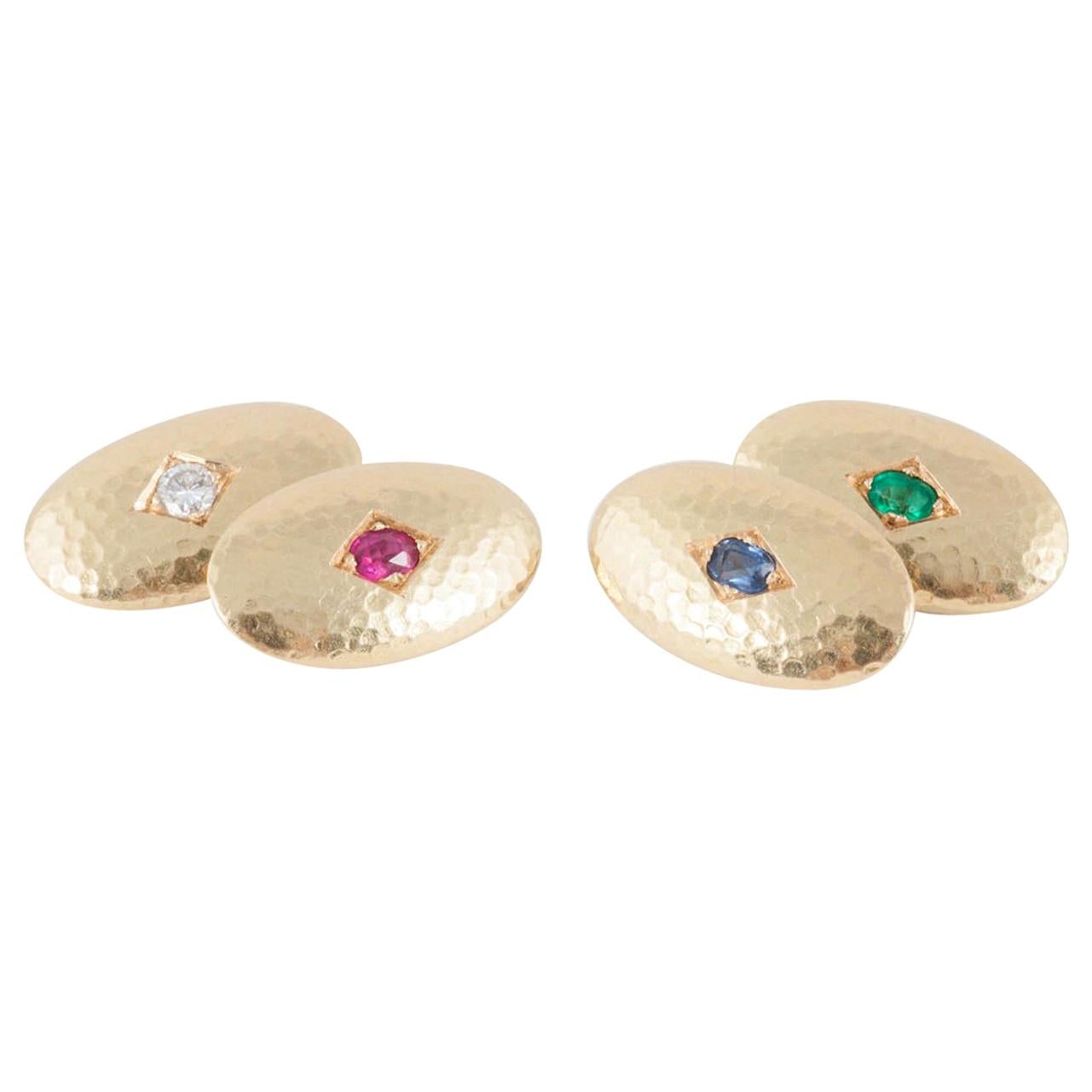 Emerald Sapphire Ruby 18 Karat Gold Cufflinks For Sale