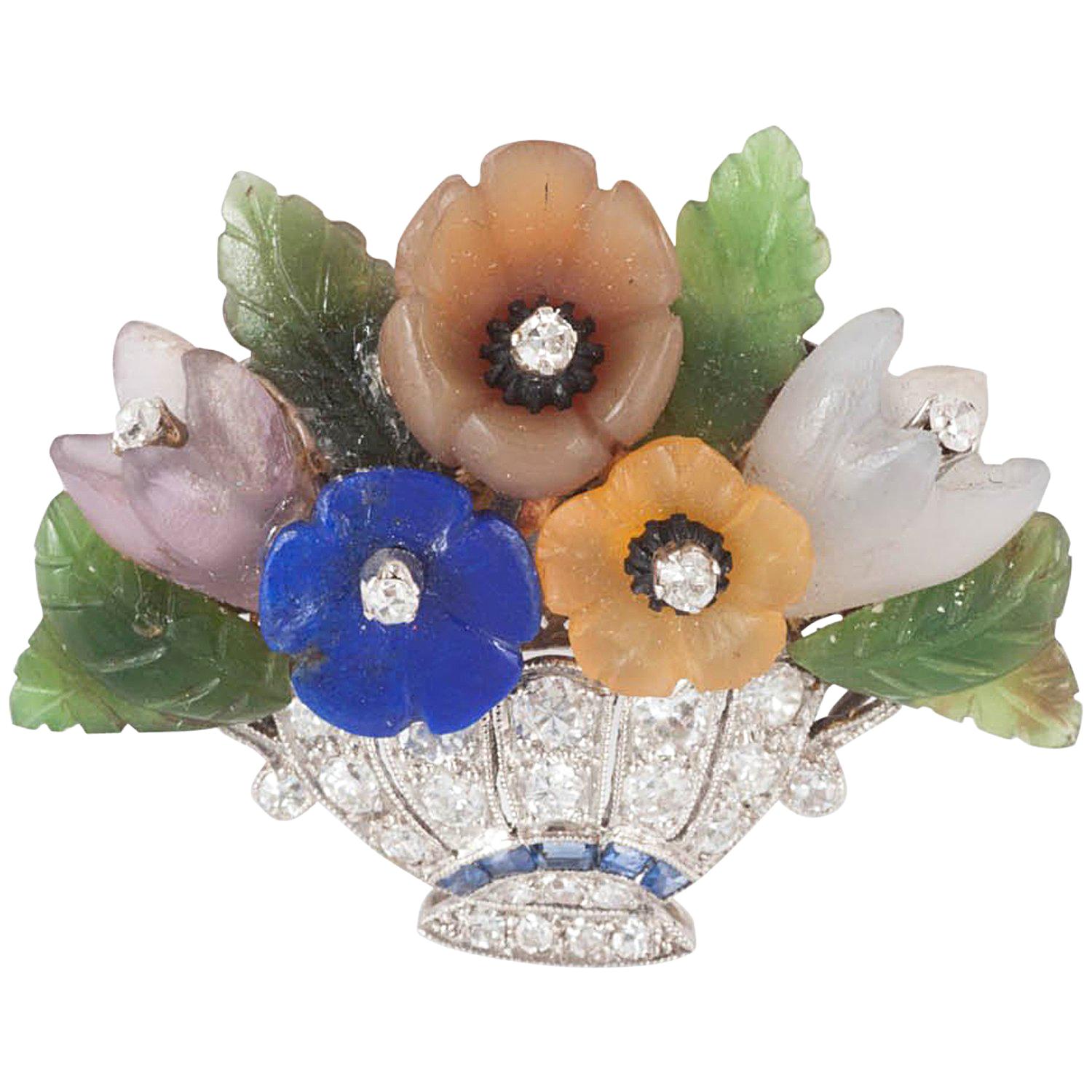 Basket Carved Agate White Diamond Platinum Flowers Brooch For Sale