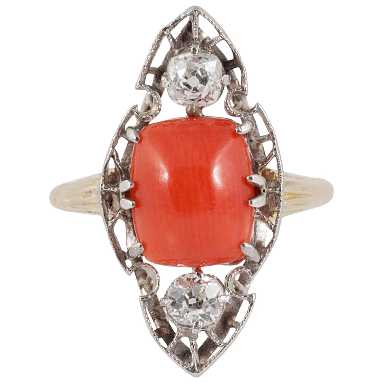 Art Deco Coral Platinum Diamond 18 Karat Gold Ring For Sale