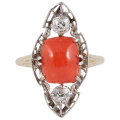 Art Deco Coral Platinum Diamond 18 Karat Gold Ring